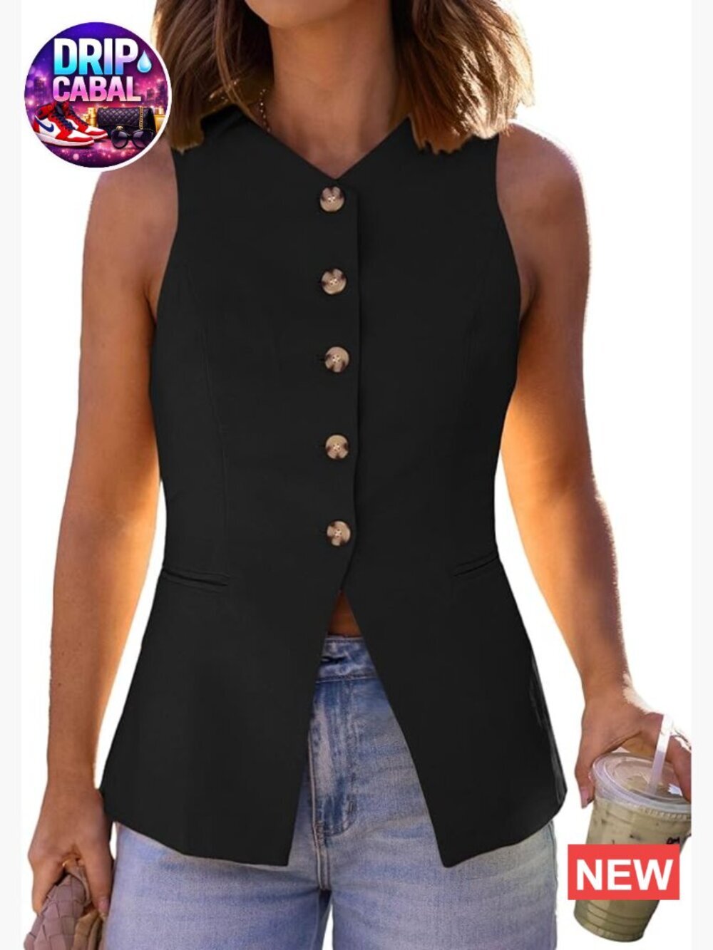 Lightweight Sleeveless Blazer Vest Button Down V-Neck Business Casual Work